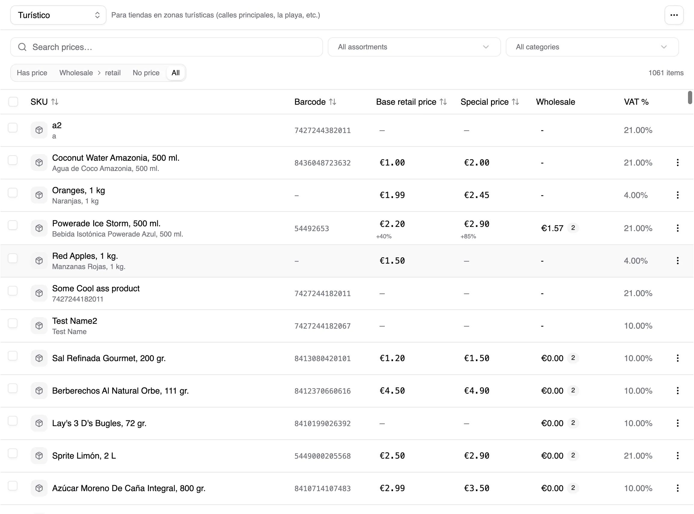 Prices, taxes, and filters for the selected price list