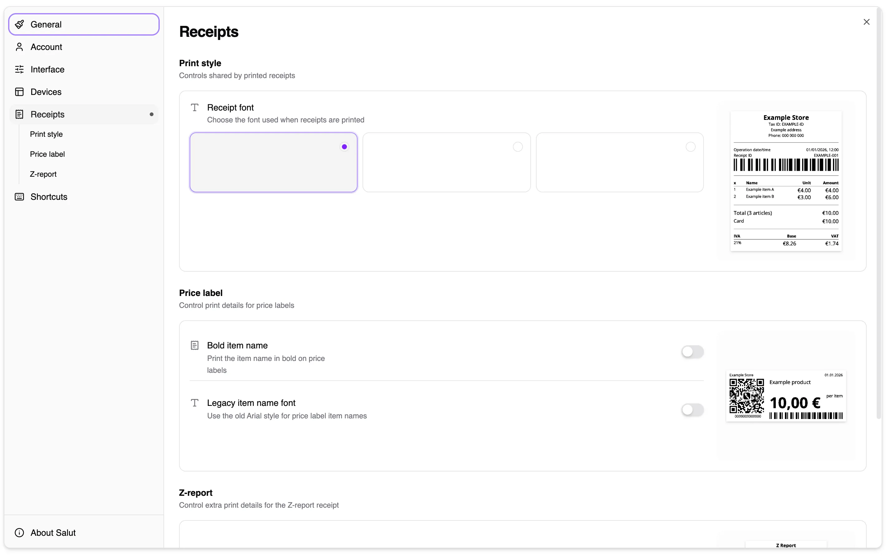 Receipt and Z-report preferences