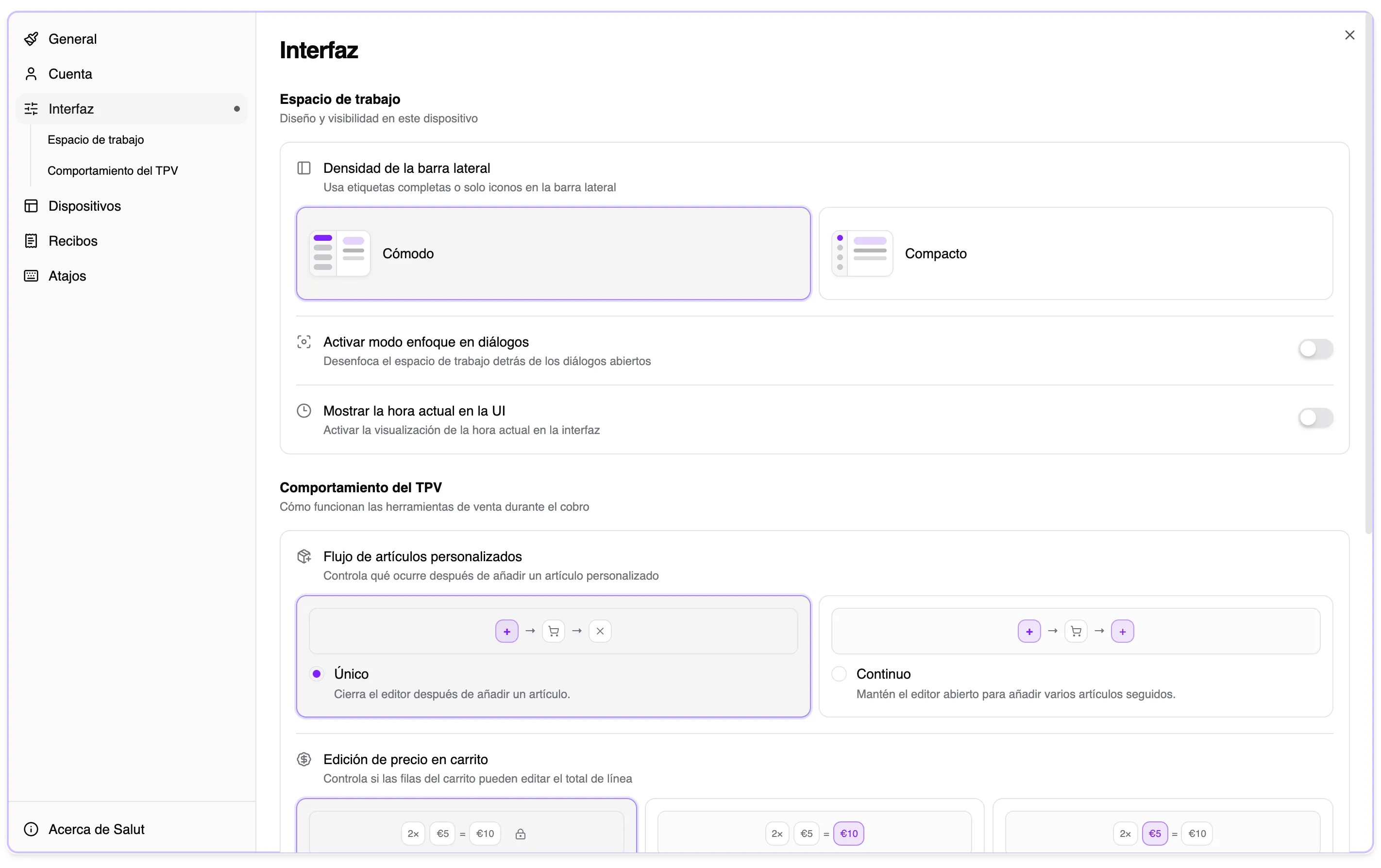 Preferencias de interfaz de Salut ERP Desktop