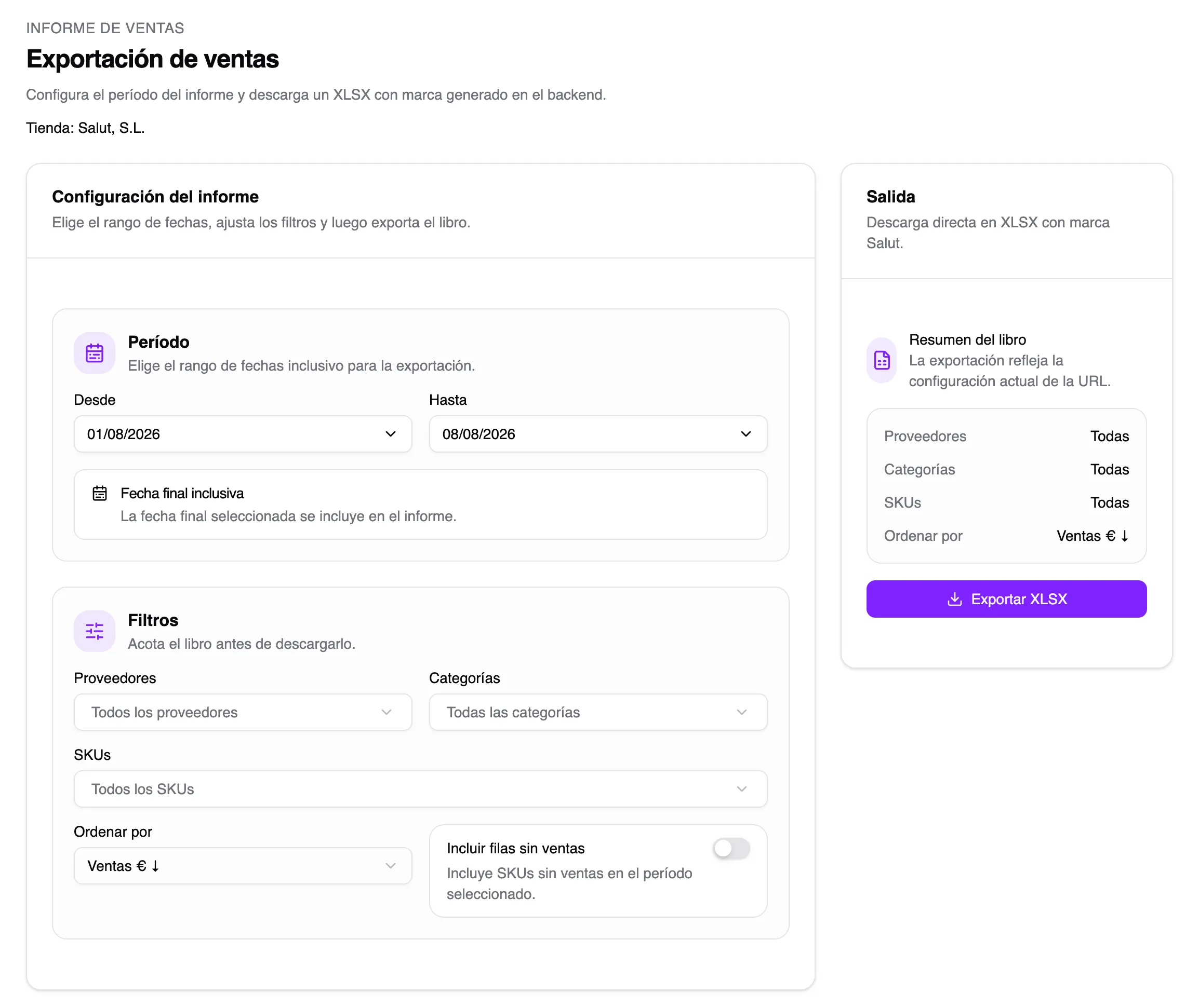 Configuración de la exportación de ventas